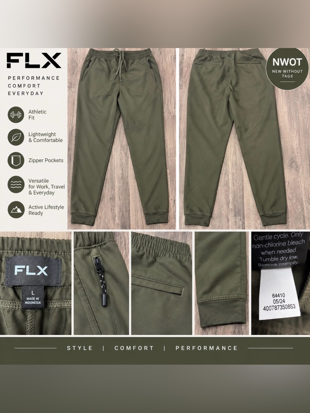 FLX Men’s Olive Green Performance Jogger Pants – Size Large NWOT
